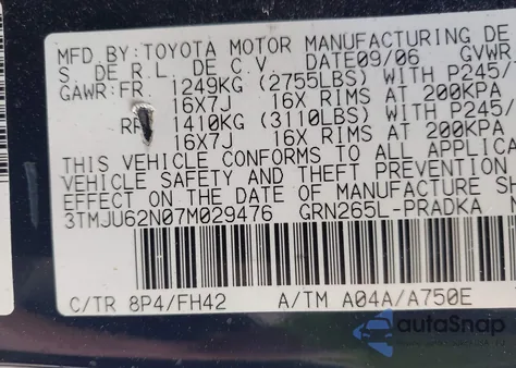 2007 Toyota Tacoma Prerunner V6 from USA, damaged, VIN 3TMJU62N07M029476